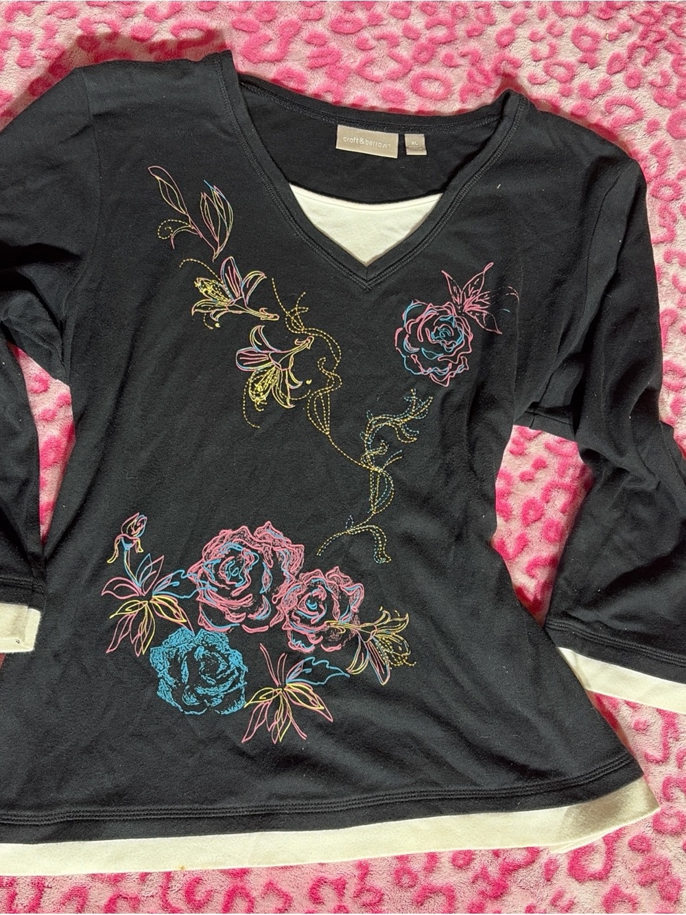 croft & barrow Black V-Neck Long Sleeve Top with Pink & Blue Floral Embroidery